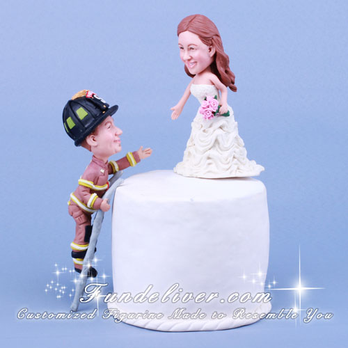 Firefighter Climbing Ladder to Save Bride Cake Toppers - Click Image to Close